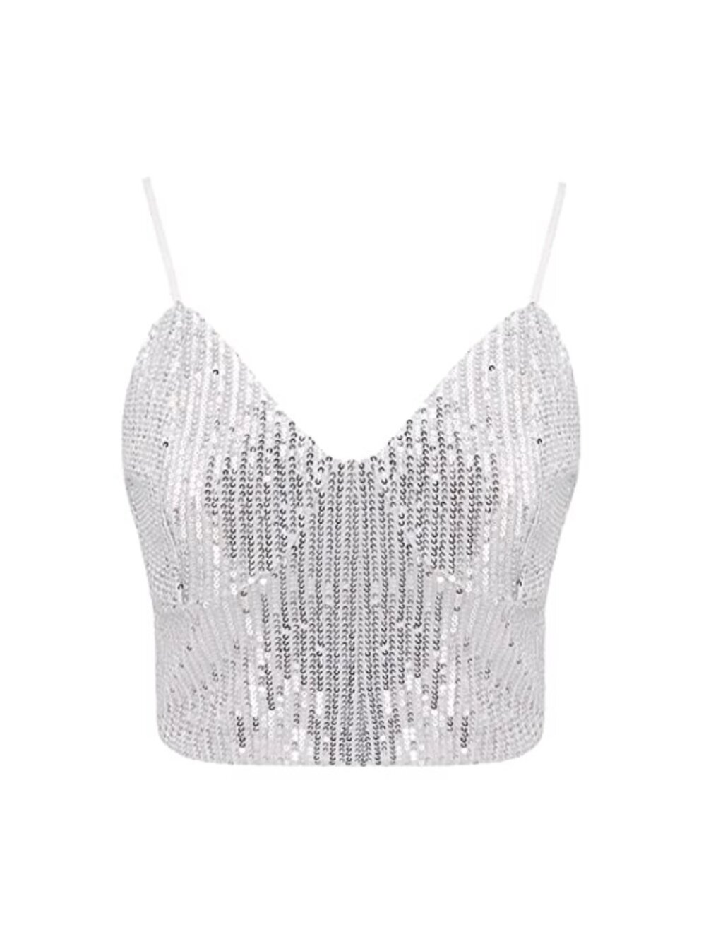 Sequin Crop Tank Top with Adjustable Straps & Back Zipper, V-Neck Sleeveless